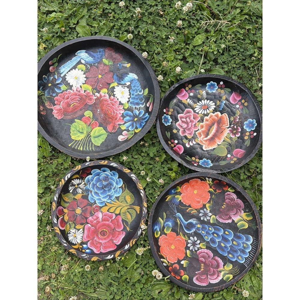 Vintage Mexican Hand-Painted Wooden Batea Bowl • Set Of 4 Peacocks Flowers - Picture 1 of 11
